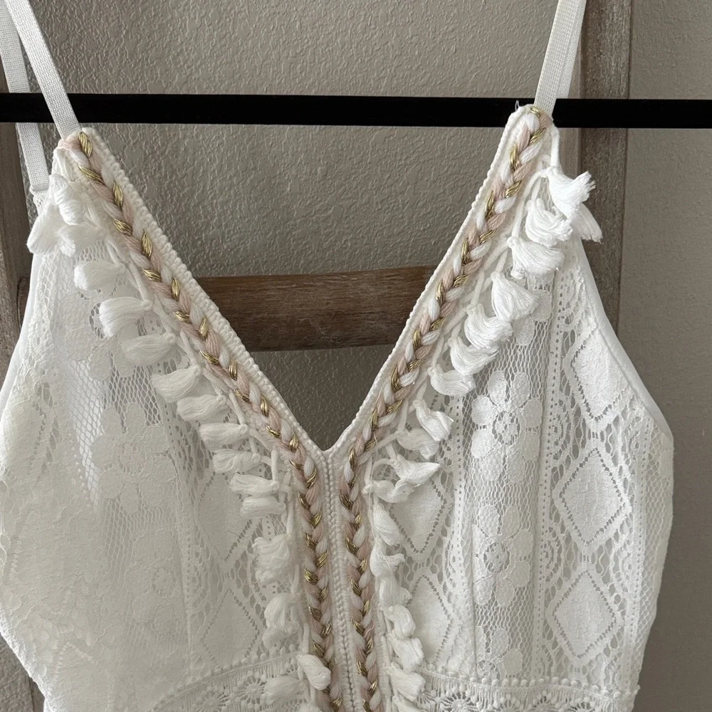 White Lace Dress with Braid and Pom Detail - Picture 3 of 6